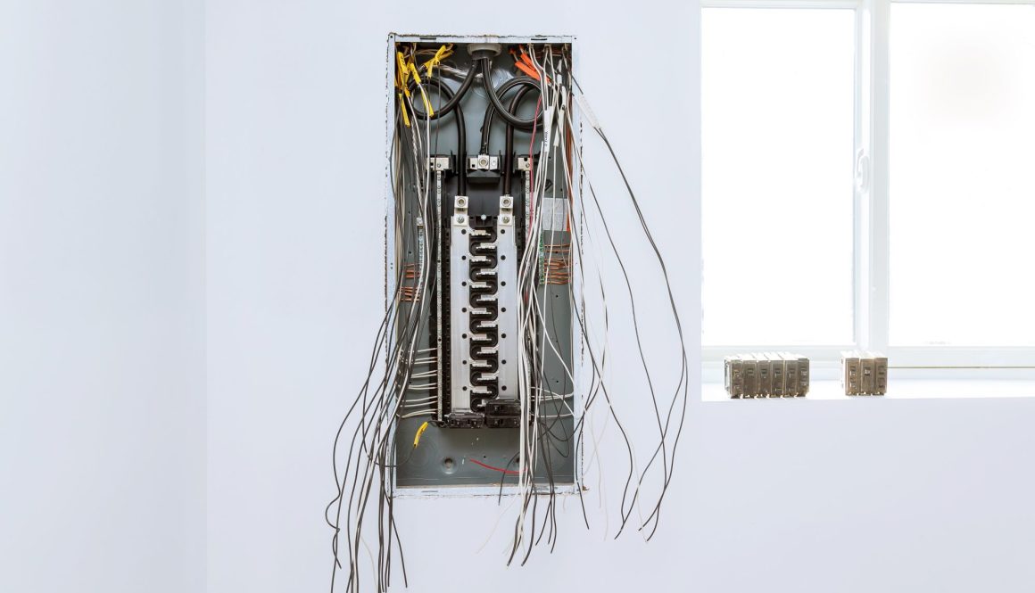 Close up circuit breakers and wire in control panel