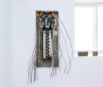 Close up circuit breakers and wire in control panel