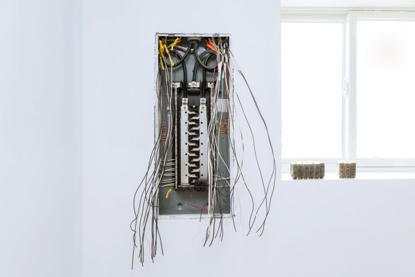 Close up circuit breakers and wire in control panel